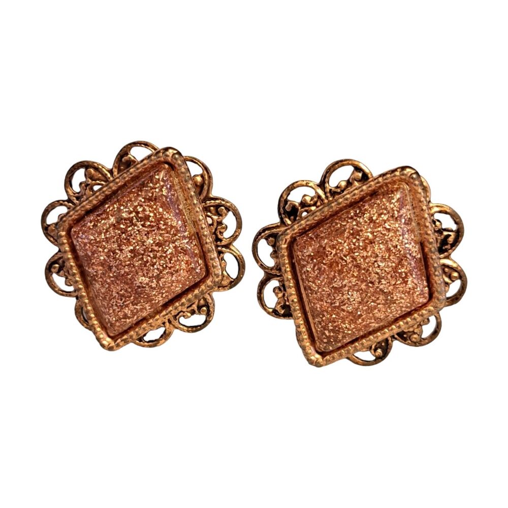 Vintage Clip On Earrings Enamel Epoxy Pink Bronze Tone